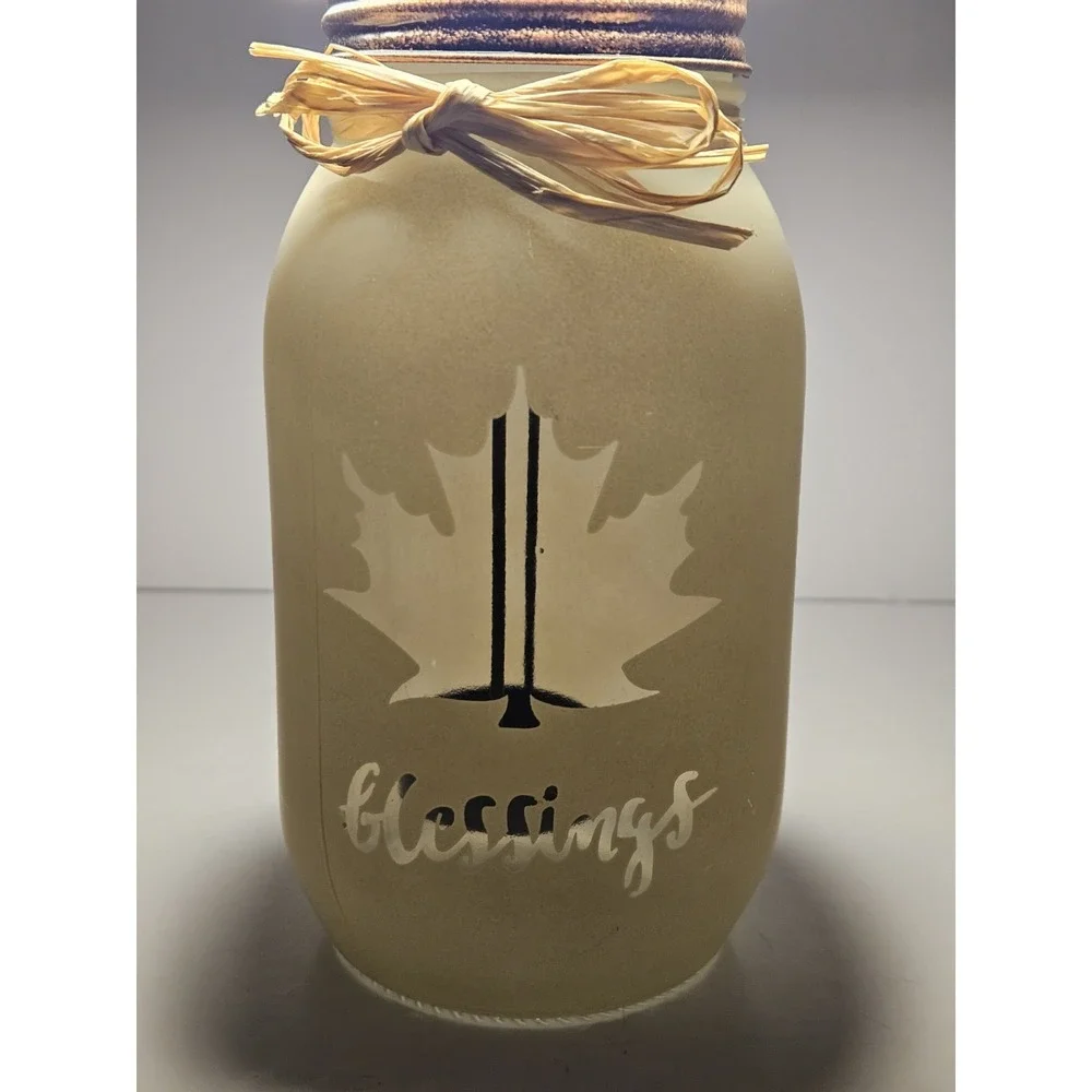 Frosted Mason Jar Candle Holder Fall Blessings Maple Leaf Tea Light Decor Raffia